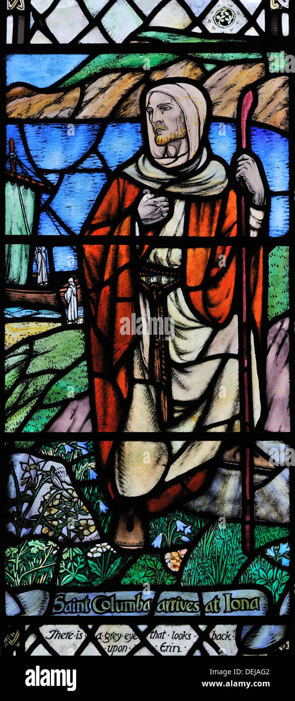 St Columba arriving on Iona in 563 AD, Kirkby Malham Church, Malhamdale Yorkshire Dales National Park, England Stock Photo