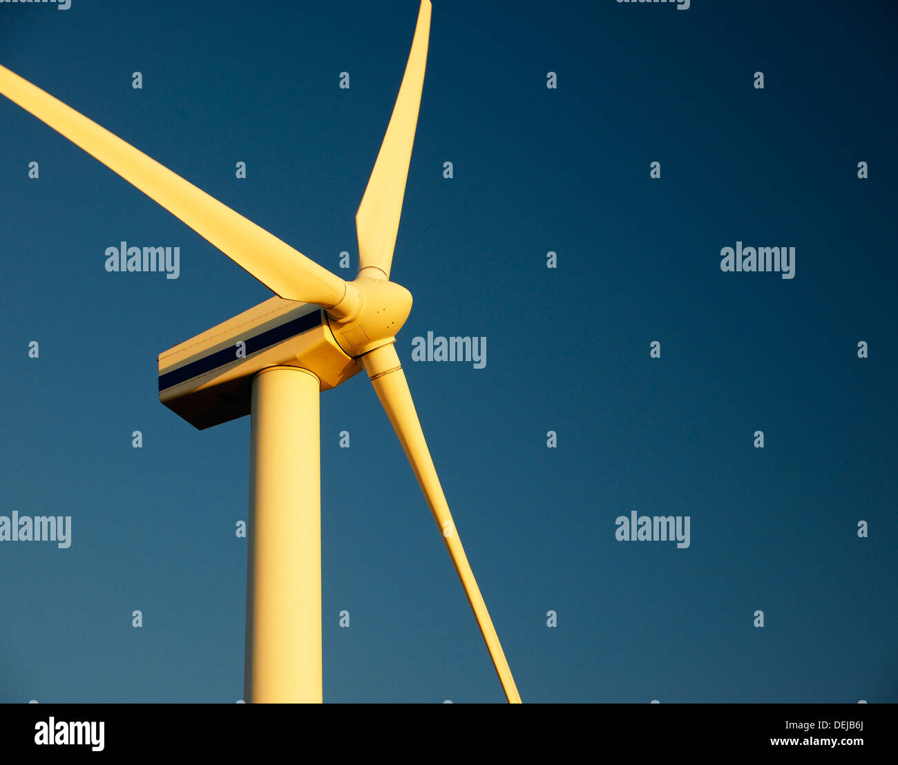 Wind turbine rotors with blue sky generating electricity on wind farm at Workington, Cumbria, England, UK. Warm evening light Stock Photo