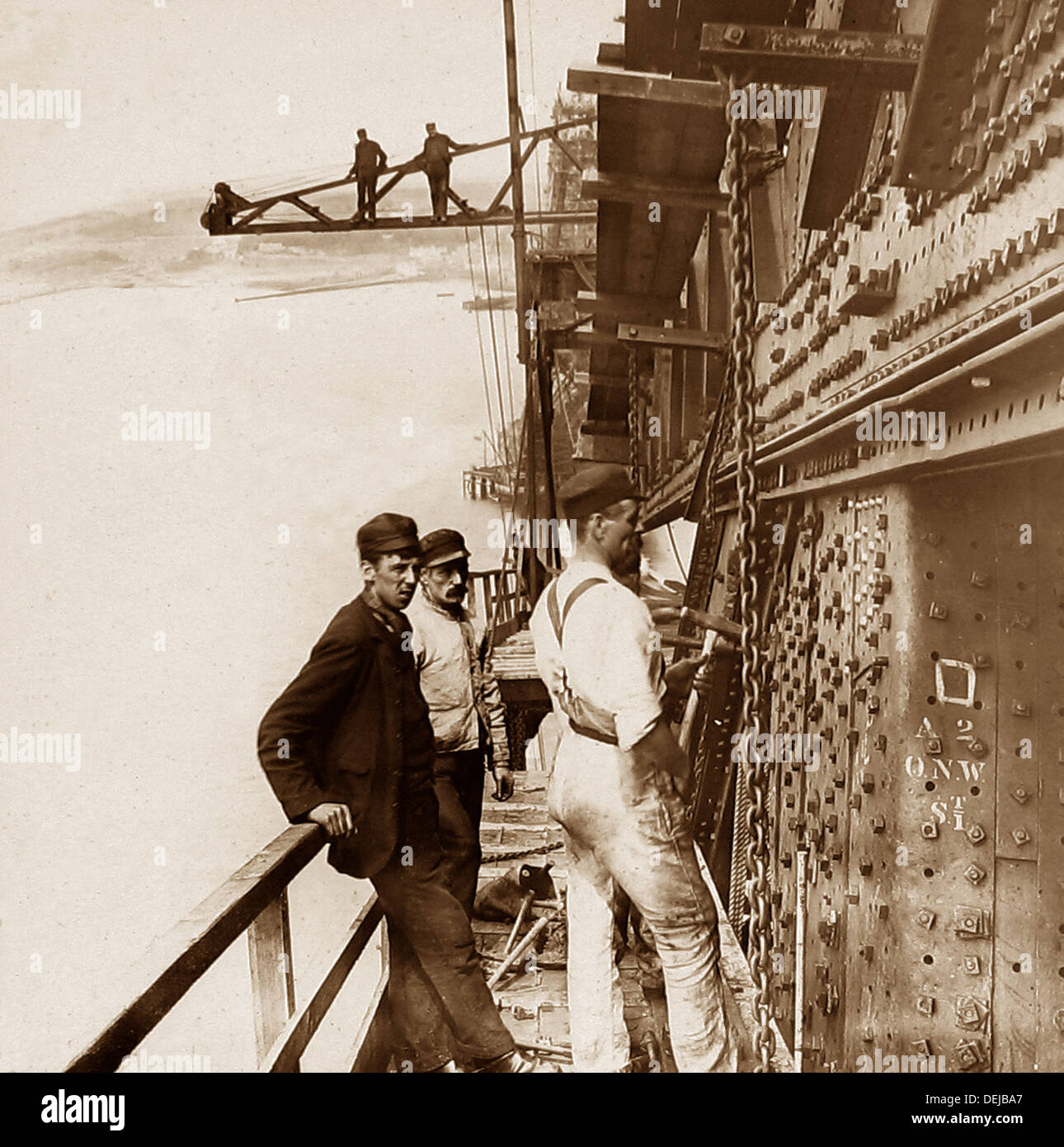 Building the Forth Railway Bridge Victorian period Stock Photo