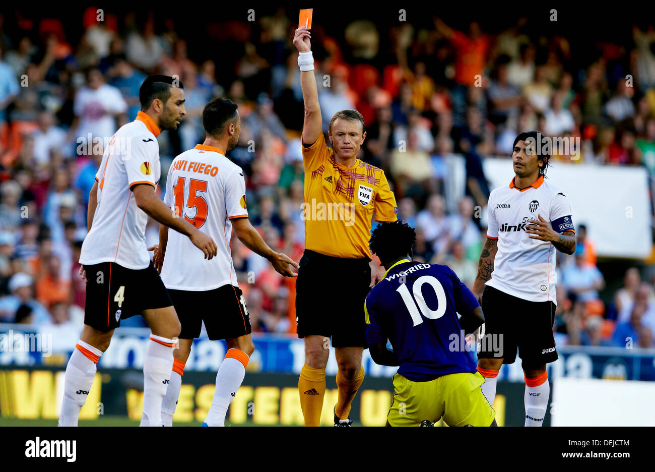 Valencia, Spain. 19th Sep, 2013. Referee shows red card to Defender Adil  Rami of Valencia CF (