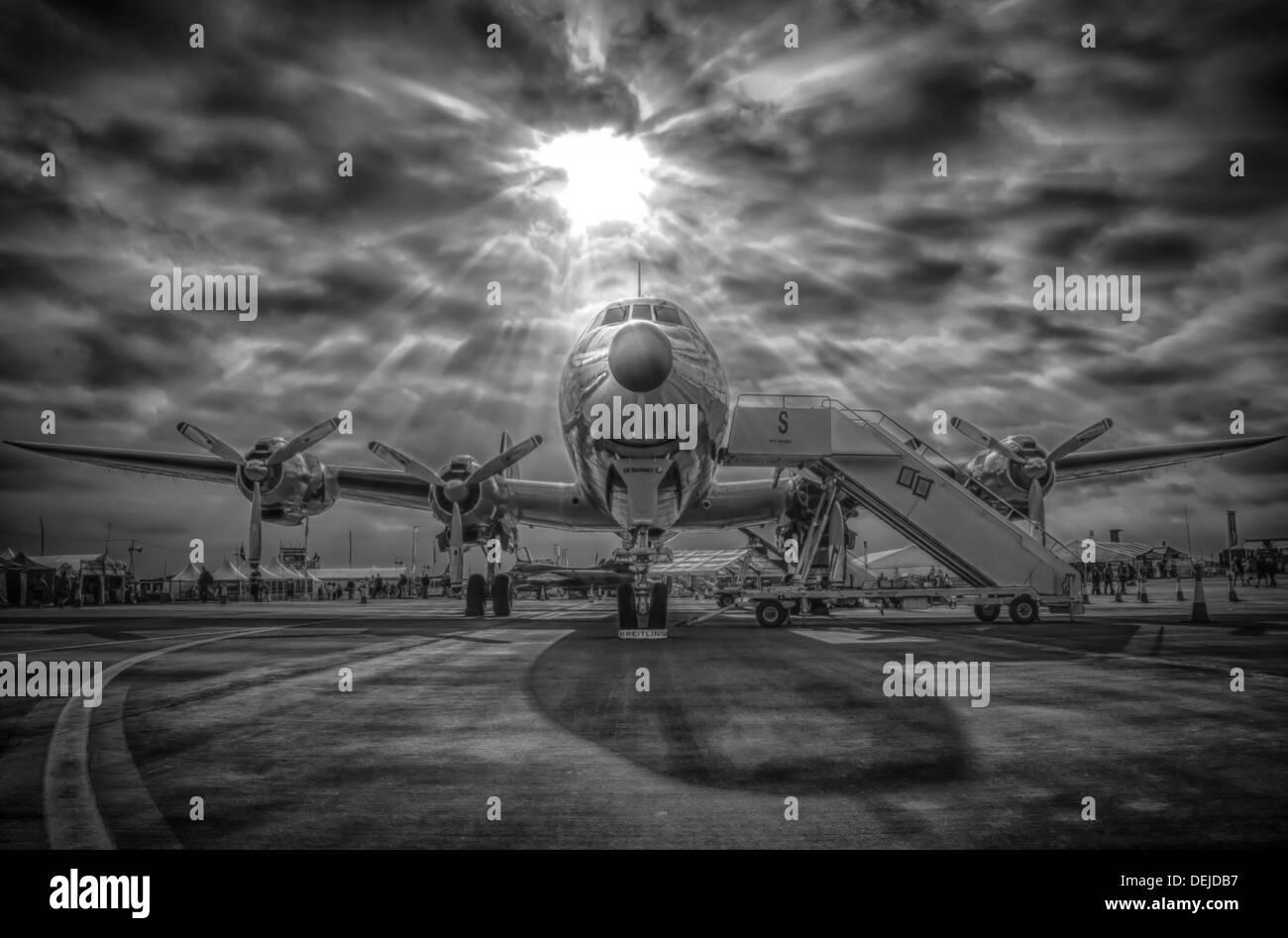 Black and White HDR shot of the Breitling Lockheed Constellation at RIAT 2013 Stock Photo