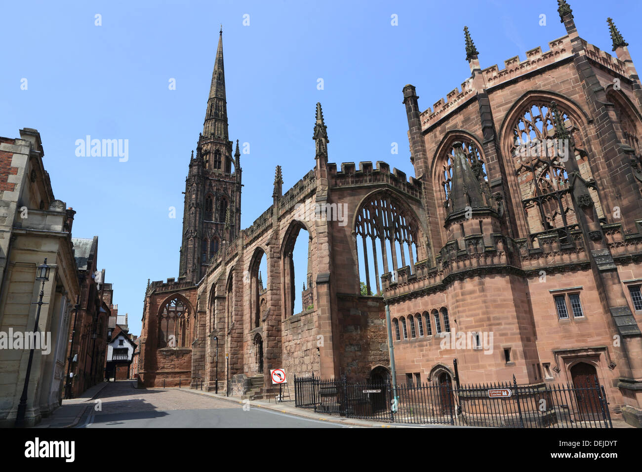 Coventry Cathedral old ruins, next to Bailey Lane. The Cathedral was bombed during WW2 by the German Luftwaffe in 1940. Stock Photo