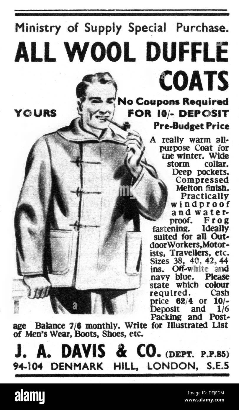 1947 advert for mens duffle coat Stock Photo