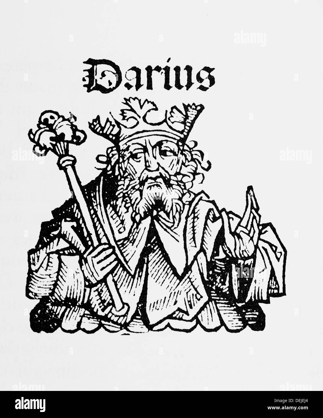 Engraving of Darius from the ´Book of the Chronics´, Nuremberg 1493. Stock Photo