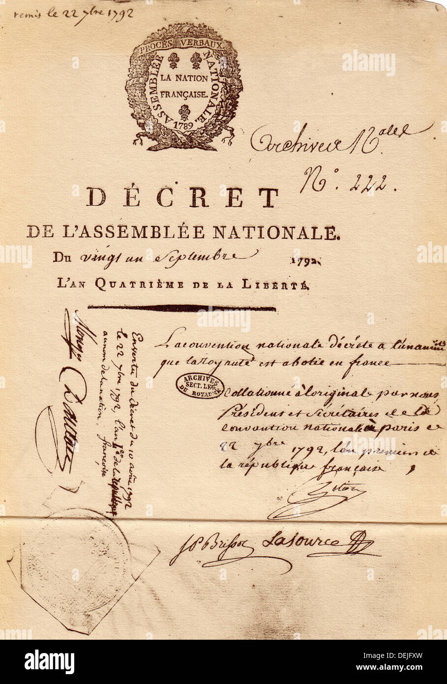 Decree of the abolition of the monarchy, by National Assembly. France, September 21, 1792. Stock Photo