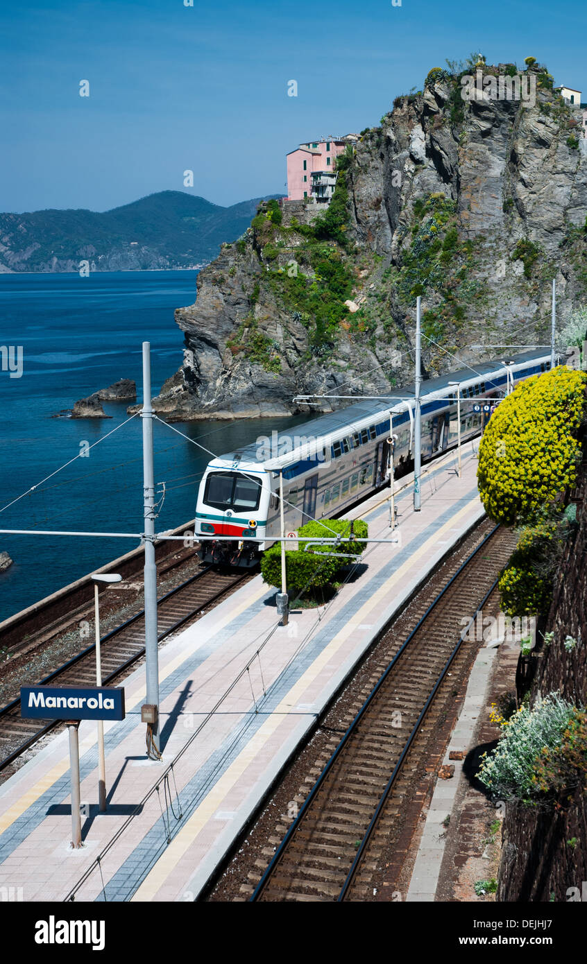 Manarola village and train station (Cinque Terre, Italy) Stock Photo