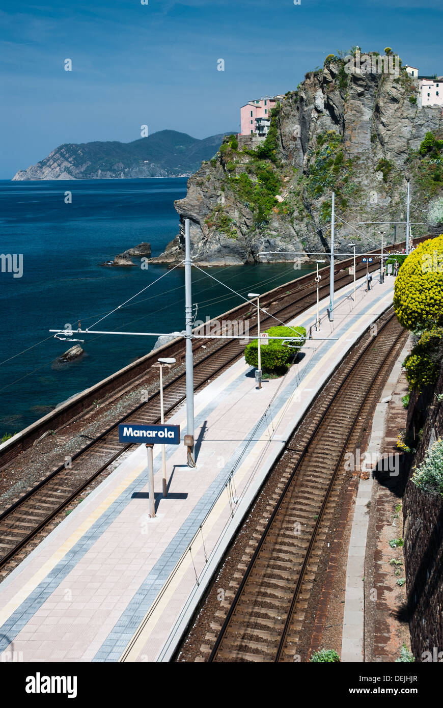 Manarola village and train station (Cinque Terre, Italy) Stock Photo