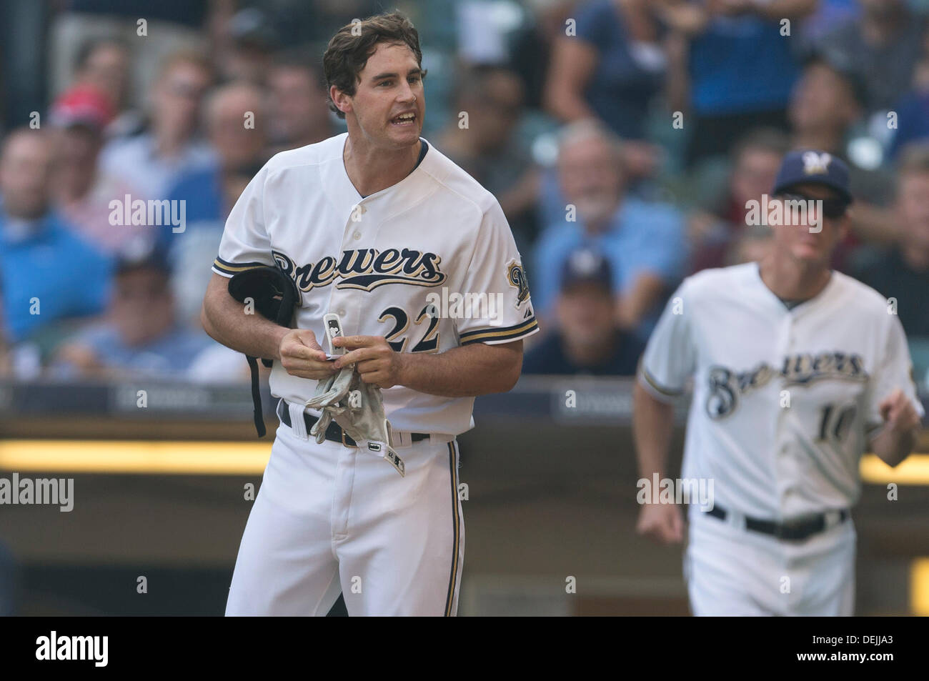 Sept. 19, 2013 - Milwaukee, Wisconsin, United States of America - September 19th, 2013: Milwaukee Brewers left fielder Logan Schafer #22 argues with the home plate umpire after a game ending called strike three during the Major League Baseball game between the Milwaukee Brewers and the Chicago Cubs at Miller Park in Milwaukee, WI. Cubs beat the Brewers 5-1. John Fisher/CSM Stock Photo