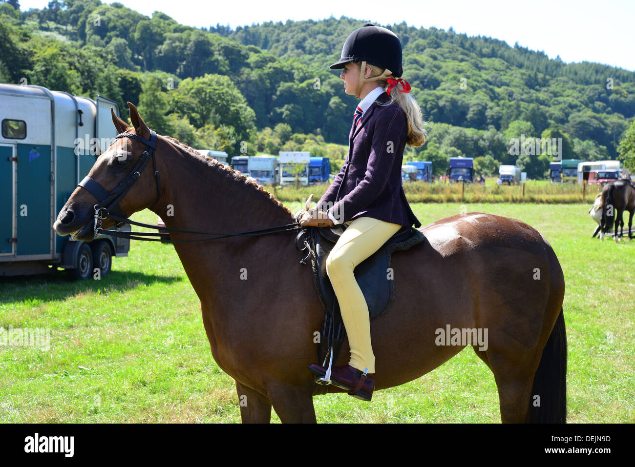 Pony club rider at The Dunster Agricultural Show, Dunster Castle Lawns, Dunster, Somerset, England, United Kingdom Stock Photo