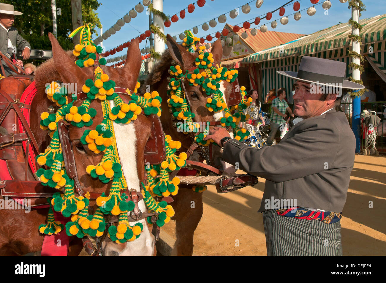 April Fair, Driver carriage and mules, Seville, Region of Andalusia, Spain, Europe Stock Photo