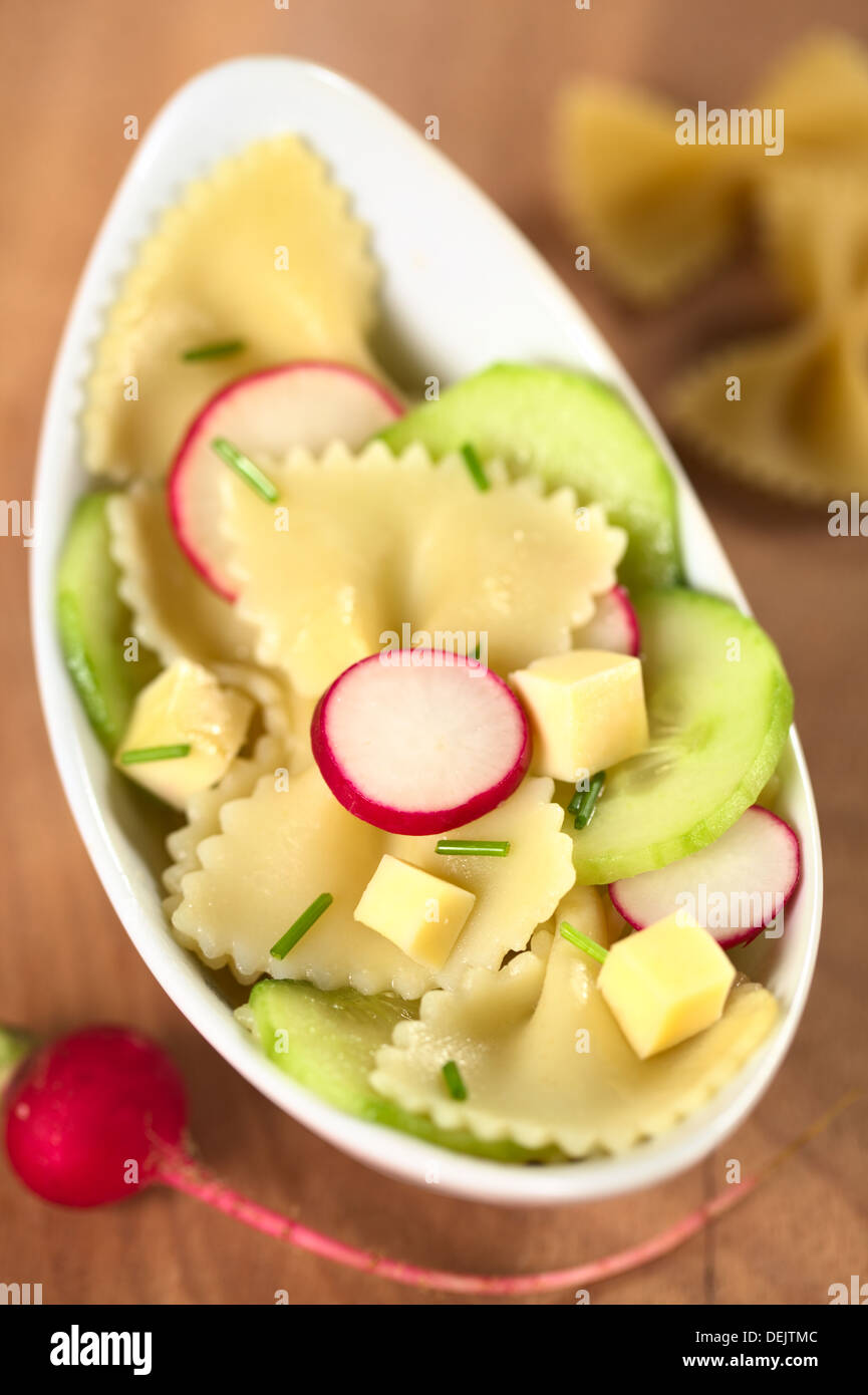 Vegetarian bow tie pasta salad with cucumber, radish, cheese and chives Stock Photo