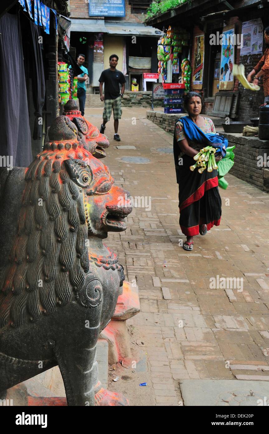 Lion stone statue at the entrance of the Bhimsen Temple at Tachapal square Stock Photo