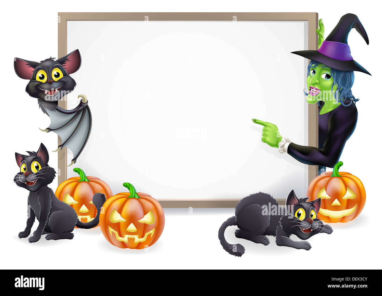 Halloween sign or banner with black witch's cats, witch's broom stick and cartoon witch and vampire bat characters Stock Photo