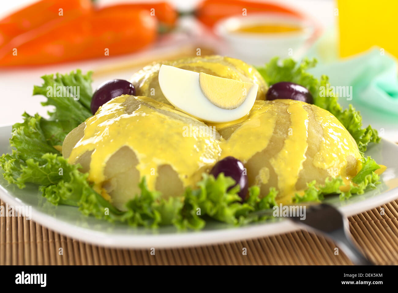 Peruvian appetizer called Papa a la Huancaina made of cooked potatoes