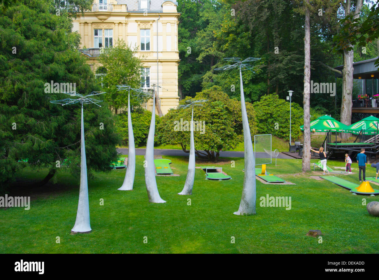 Minigolf course with antenna like artworks Liberec city Krajský soud region north Bohemia Czech Republic Europe Stock Photo