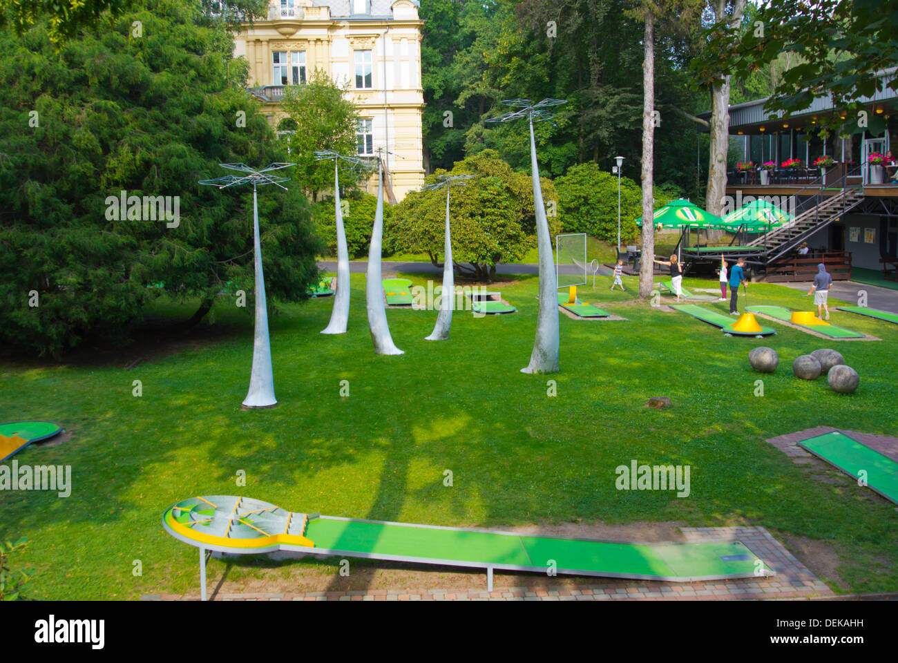 Minigolf course with antenna like artworks Liberec city Krajský soud region north Bohemia Czech Republic Europe Stock Photo