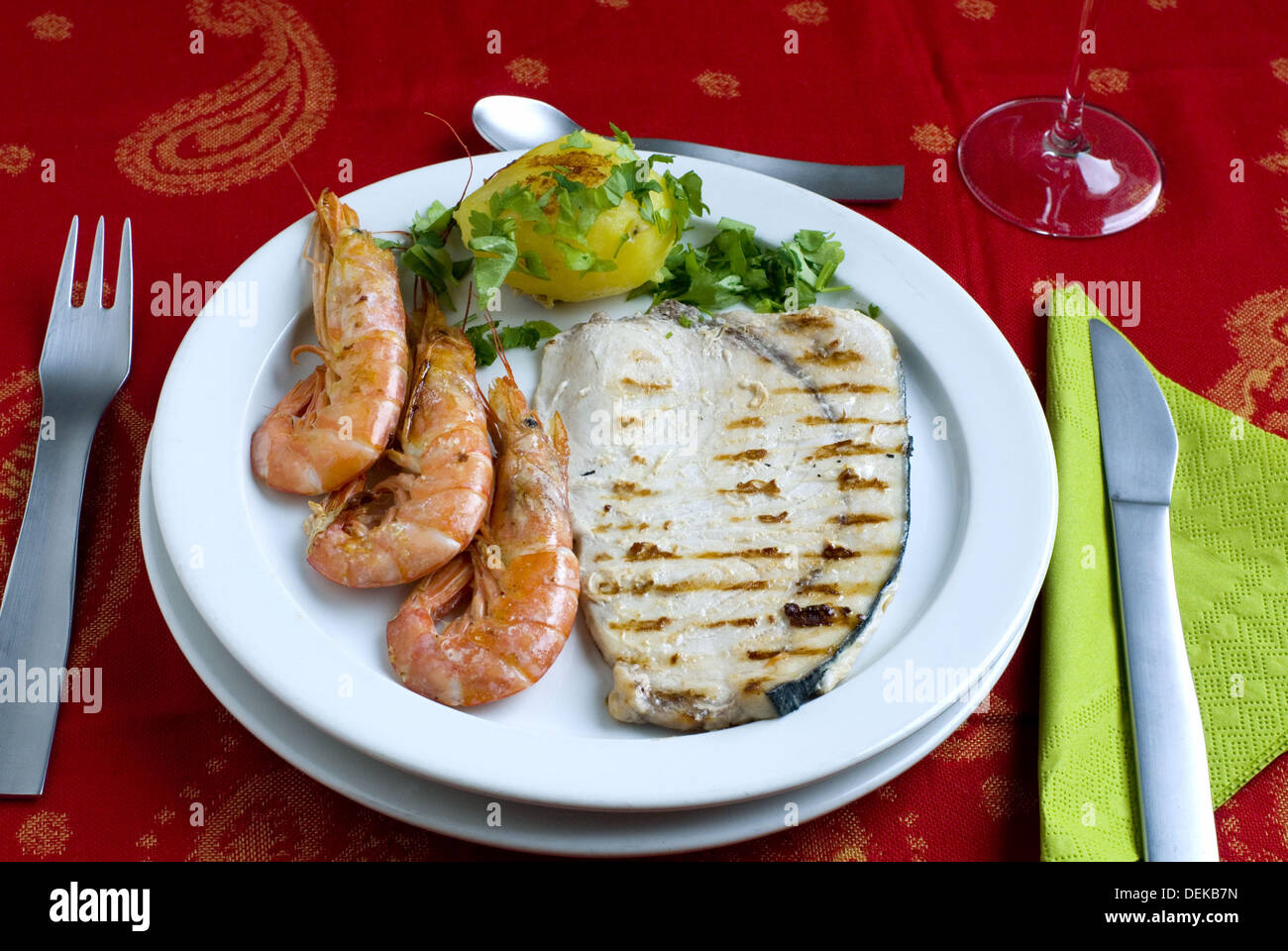 Swordfish, shrimp and garnish Stock Photo Alamy