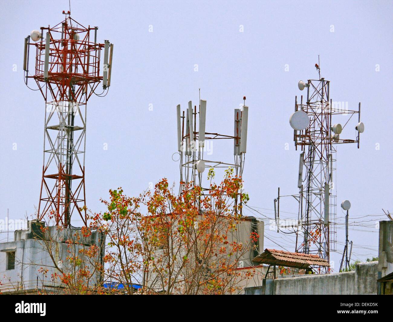 A mobile company towers for mobile signal receiving on terrace Pune