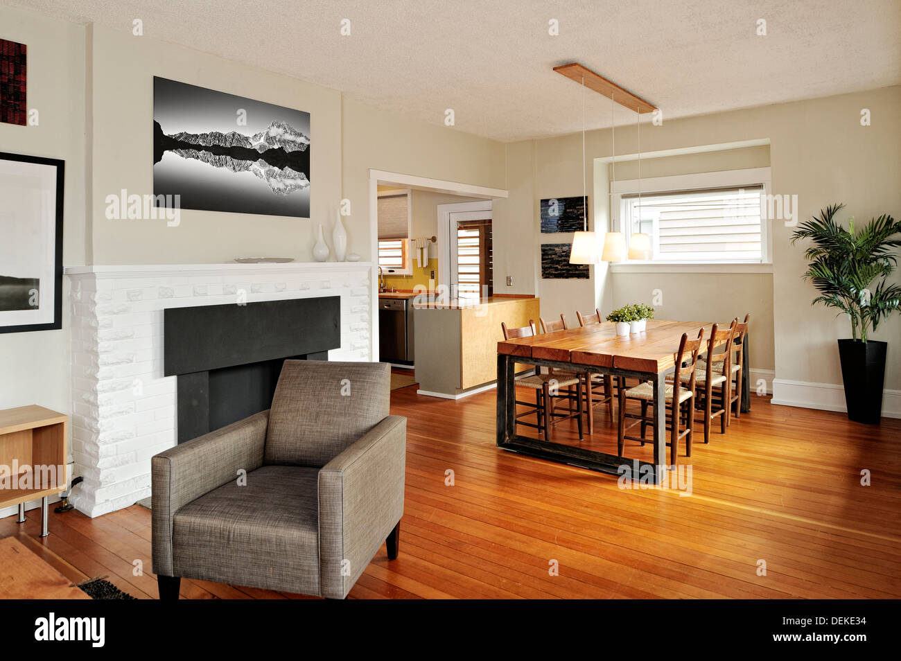 Armchair And Dining Table In Modern Craftsman Home Stock