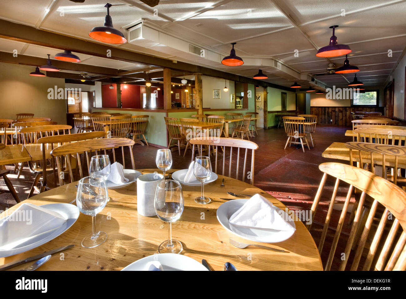 Empty tables and chairs in restaurant Stock Photo