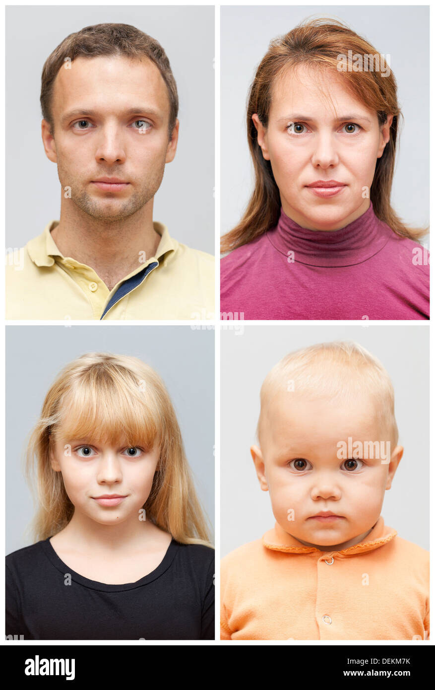 Set of real young Caucasian family face portraits on gray background Stock Photo