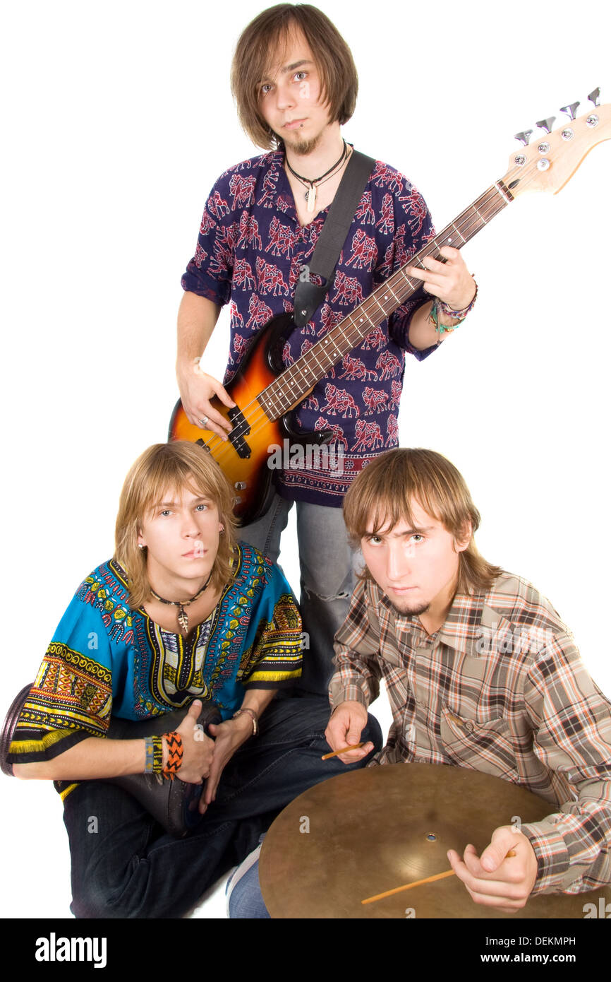 Musical band the guitarist and two drummers Stock Photo Alamy