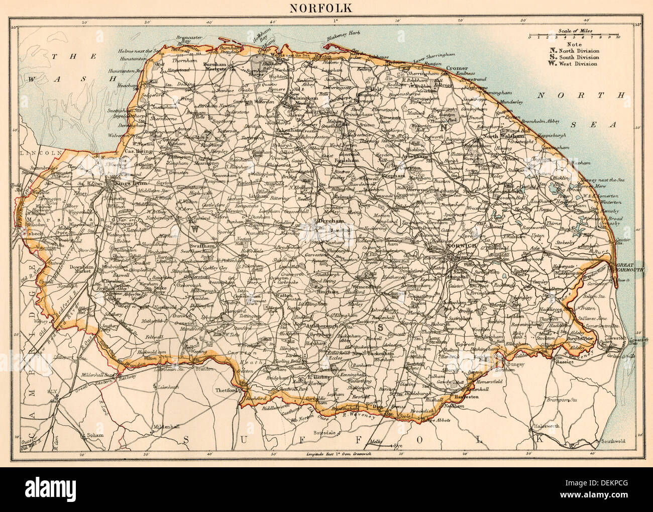 Map of Norfolk, England, 1870s. Color lithograph Stock Photo