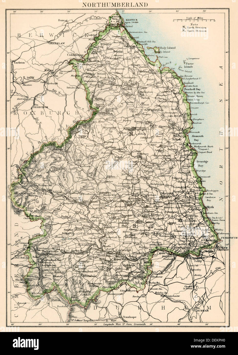 Map of Northumberland, England, 1870s. Color lithograph Stock Photo