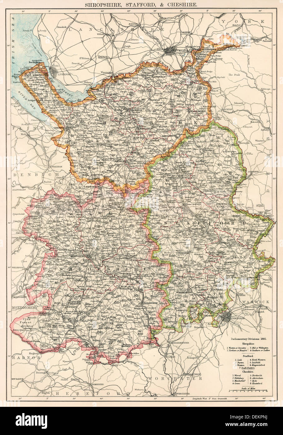 Map of Shropshire, Staffordshire, and Cheshire, England, 1870s. Color lithograph Stock Photo