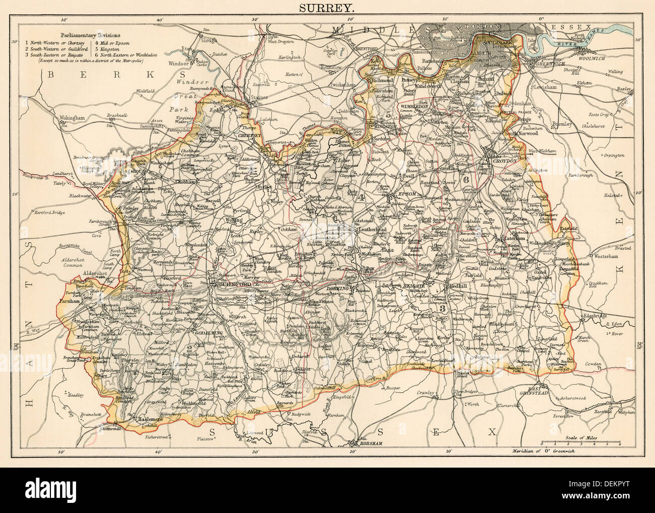 Map of Surrey, England, 1870s. Color lithograph Stock Photo