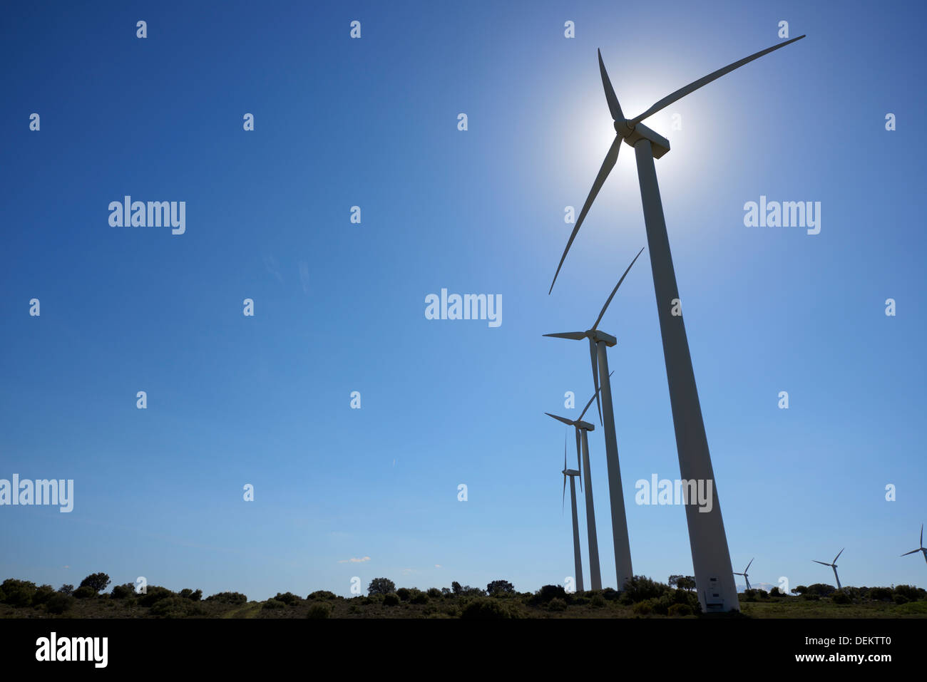 silhouette of a group of windmills for renewable electric energy production, El Buste, Zaragoza, Aragon, Spain Stock Photo