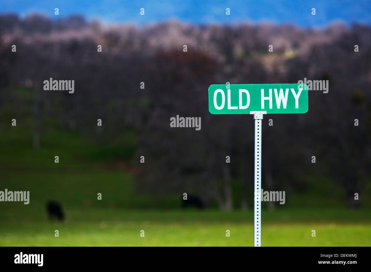 Old Hwy sign in rural landscape, Three Rivers, California, United States Stock Photo