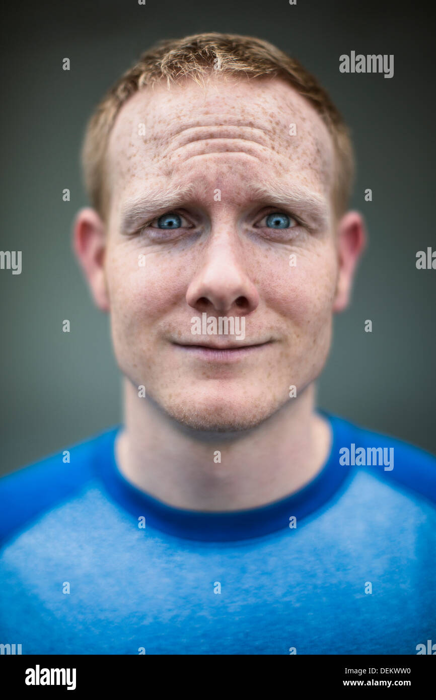 Close up of Caucasian man making a face Stock Photo