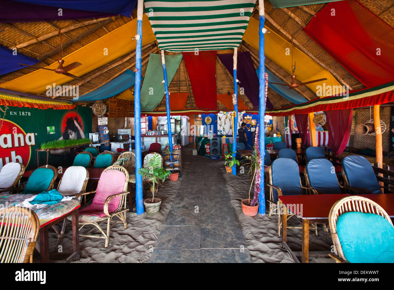 Tables and chairs in a restaurant, German Bakery, Arambol Beach, Arambol, North Goa, Goa, India