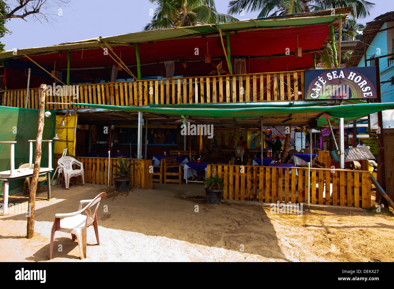 Facade of a restaurant, Blue Sea Horse, Arambol Beach, Arambol, North Goa, Goa, India Stock Photo
