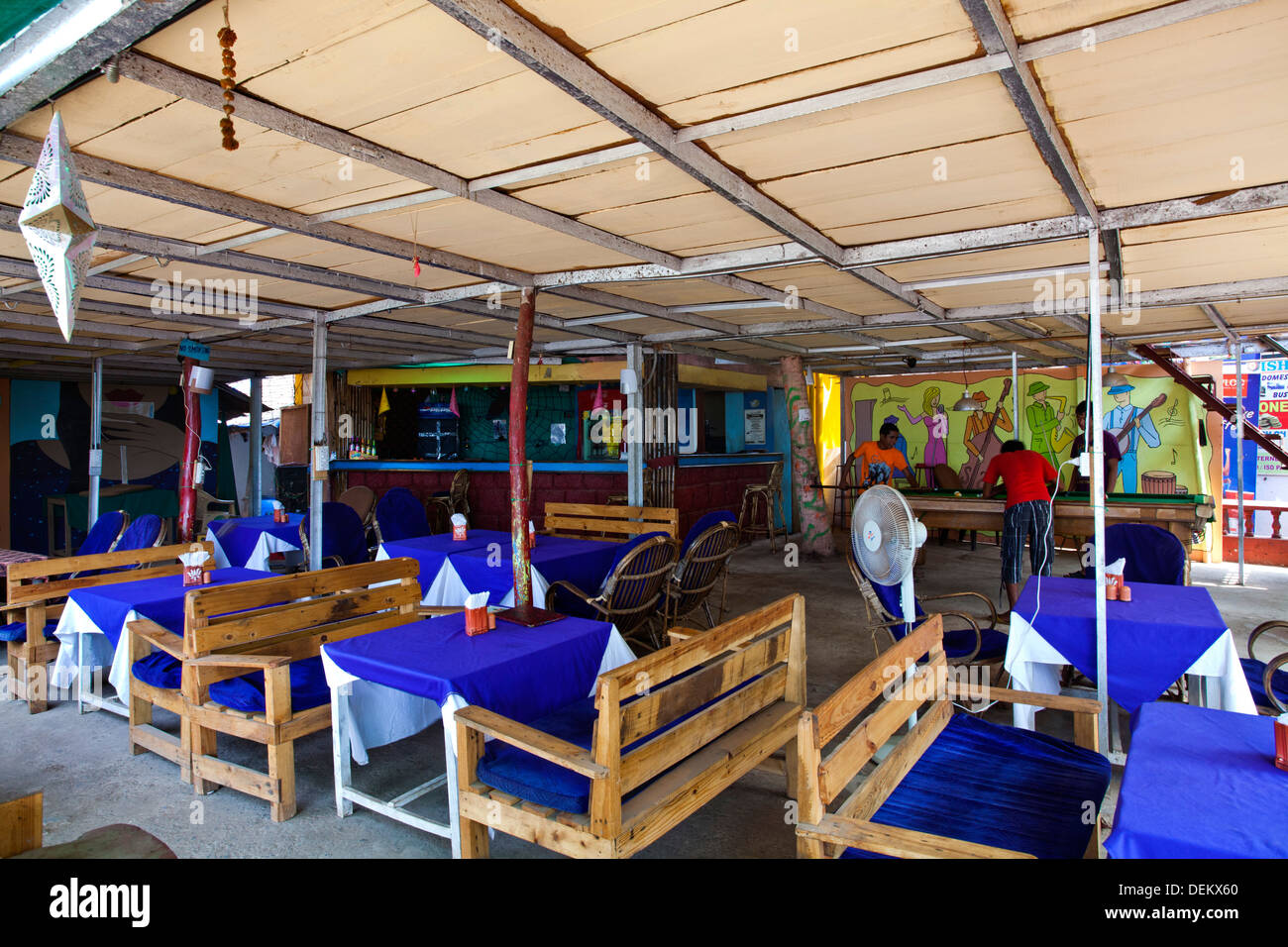 Tables and chairs in a restaurant, Blue Sea Horse, Arambol Beach, Arambol, North Goa, Goa, India Stock Photo