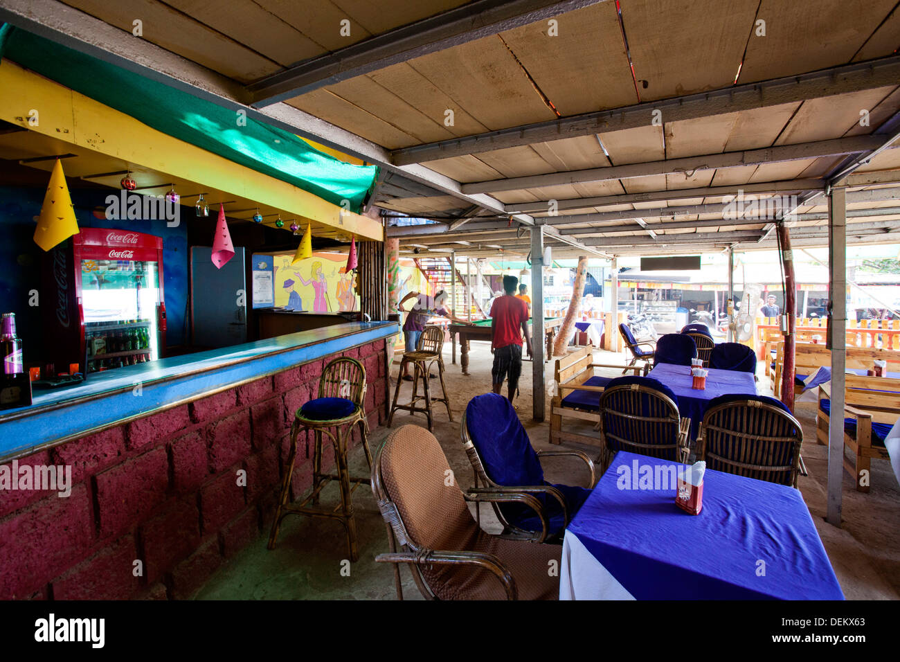 Tables and chairs in a restaurant, Blue Sea Horse, Arambol Beach, Arambol, North Goa, Goa, India Stock Photo