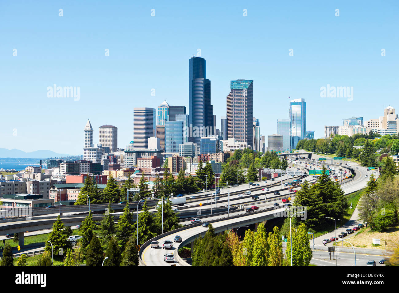 Freeways and Seattle skyline, Seattle, Washington, United States Stock Photo