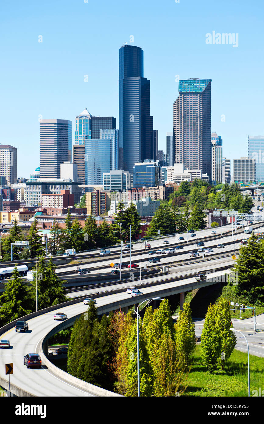 Freeways and Seattle skyline, Seattle, Washington, United States Stock Photo