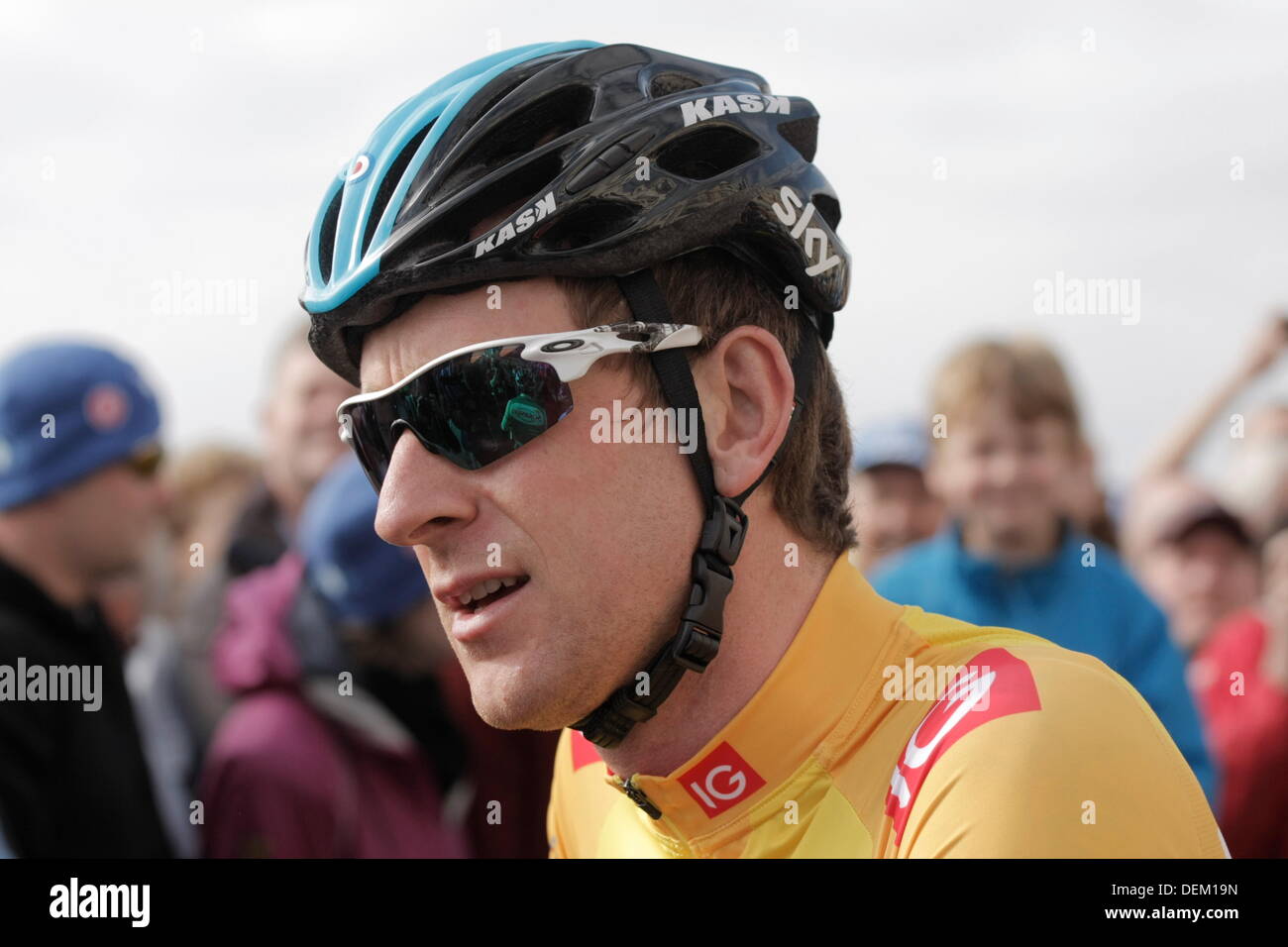 Sidmouth to Haytor, Devon, UK. 20th September 2013. Sir Bradley Wiggins in the yellow jersey of the overall leader before the start in Sidmouth Friday 20 September 2013 Tour of Britain Stage 6 Sidmouth to Haytor Dartmoor Devon UK Credit:  Anthony Collins/Alamy Live News Stock Photo