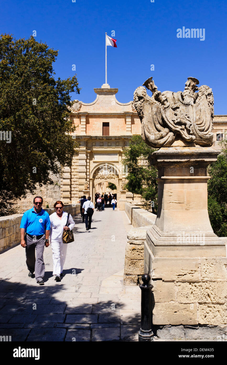 City gate at Mdina, a medieval walled town and former capital of Malta. Stock Photo