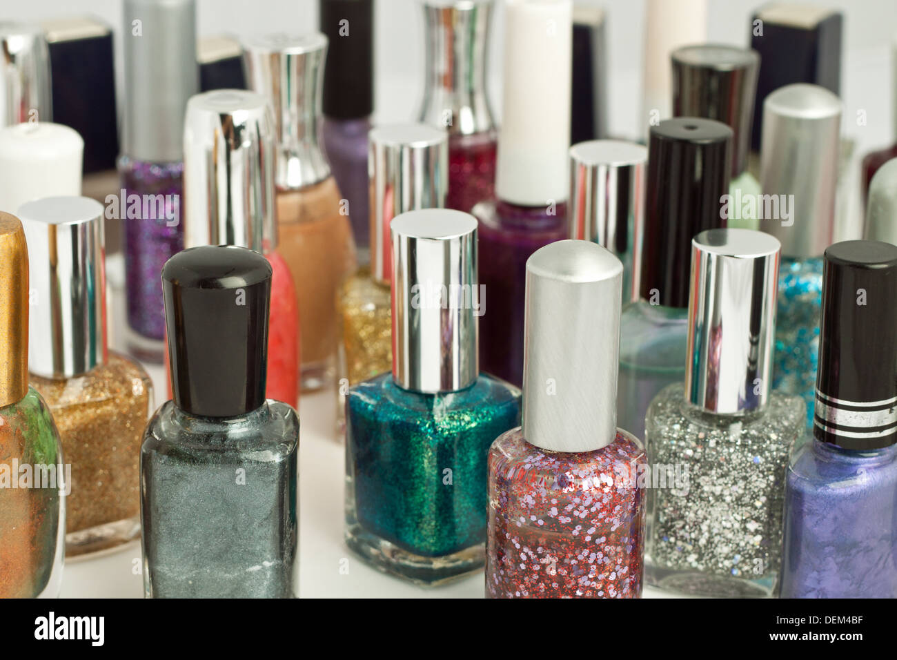 Large collection of assorted colored nail polish Stock Photo