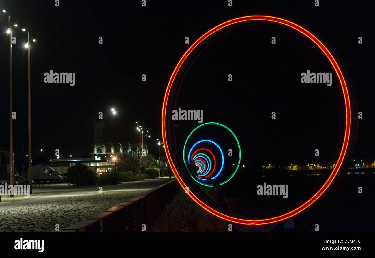 Buren's rings at night on Loire River quays Nantes Ile de Nantes Loire Atlantique France Stock Photo