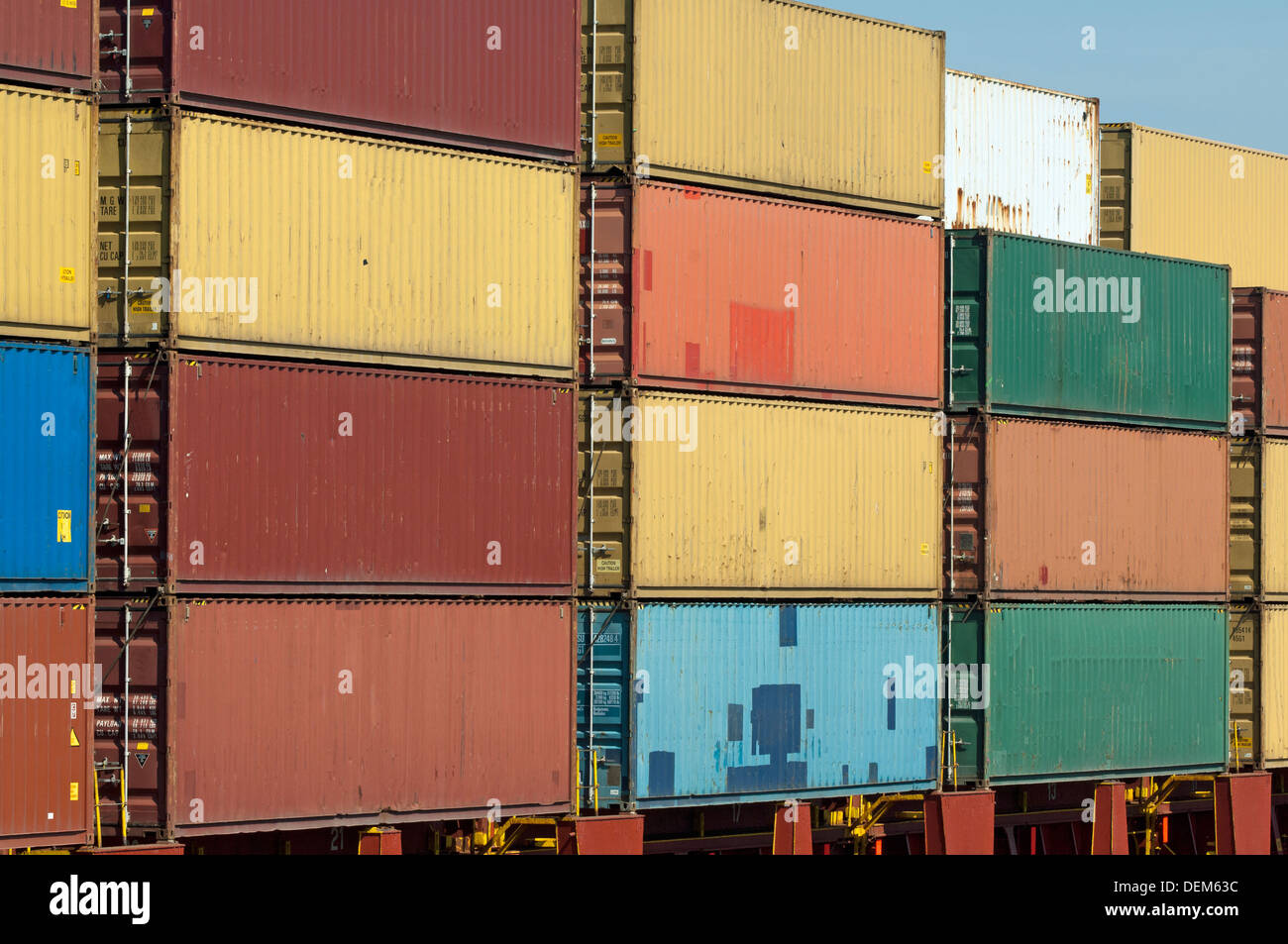 Stack of cargo containers on board of a container ship Stock Photo - Alamy