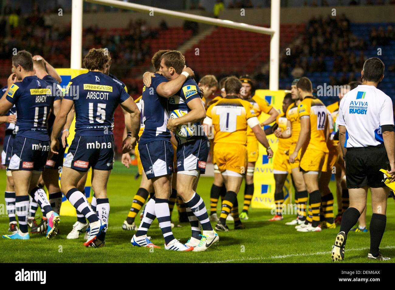 Salford, UK. 20th Sep, 2013. Sale Sharks fly-half Danny Cipriani and Sale Sharks left wing Mark Cueto during the Aviva Premiership game between Sale Sharks and London Wasps from the AJ Bell Stadium. Credit:  Action Plus Sports/Alamy Live News Stock Photo