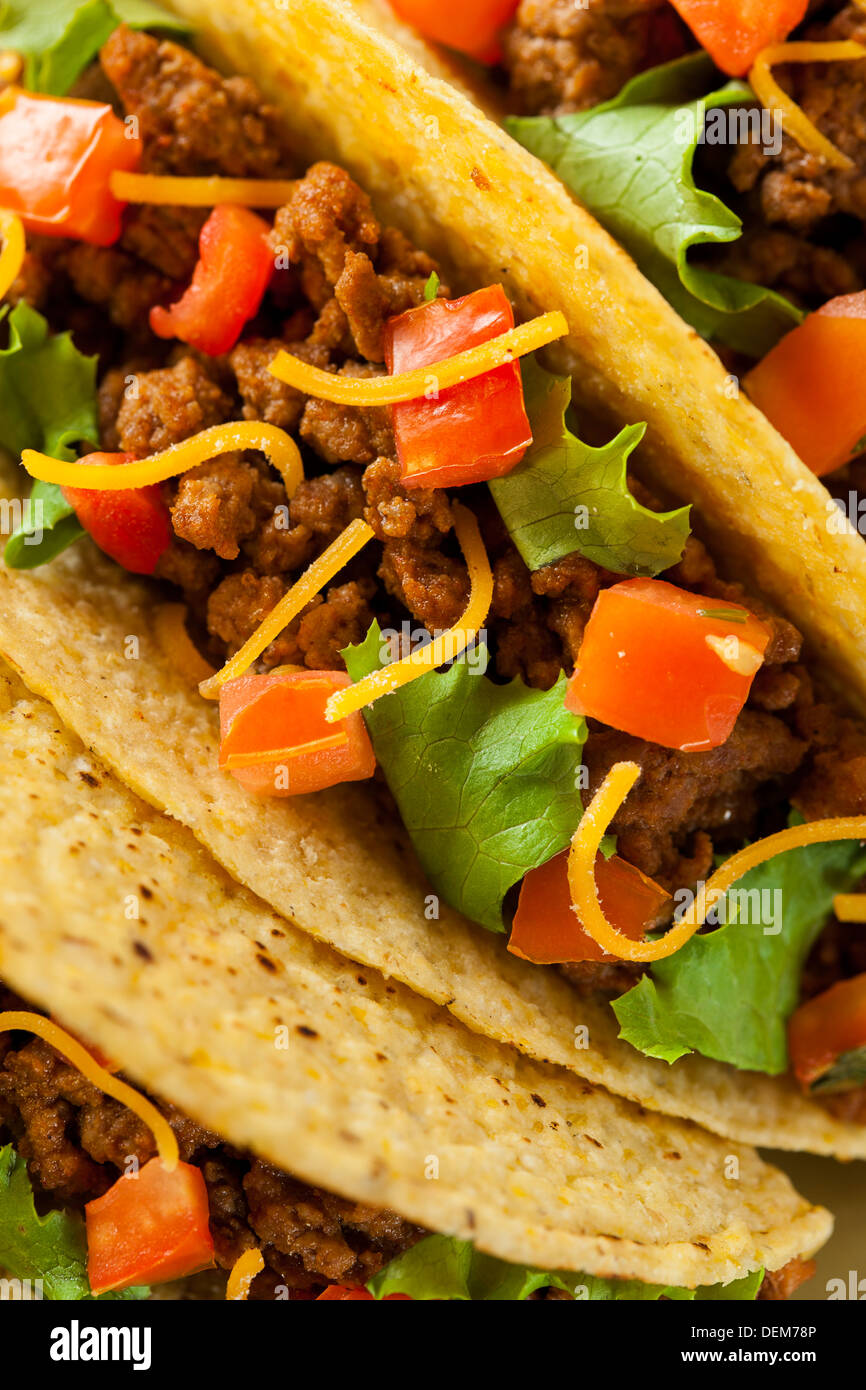 Homemade Ground Beef Tacos with Lettuce, Tomato, and Cheese Stock Photo
