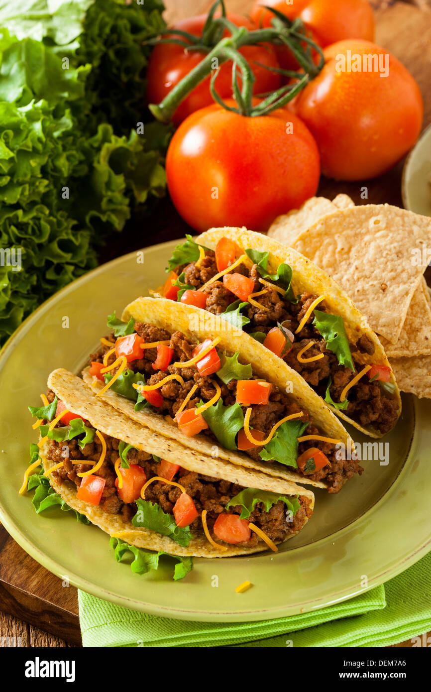 Homemade Ground Beef Tacos with Lettuce, Tomato, and Cheese Stock Photo