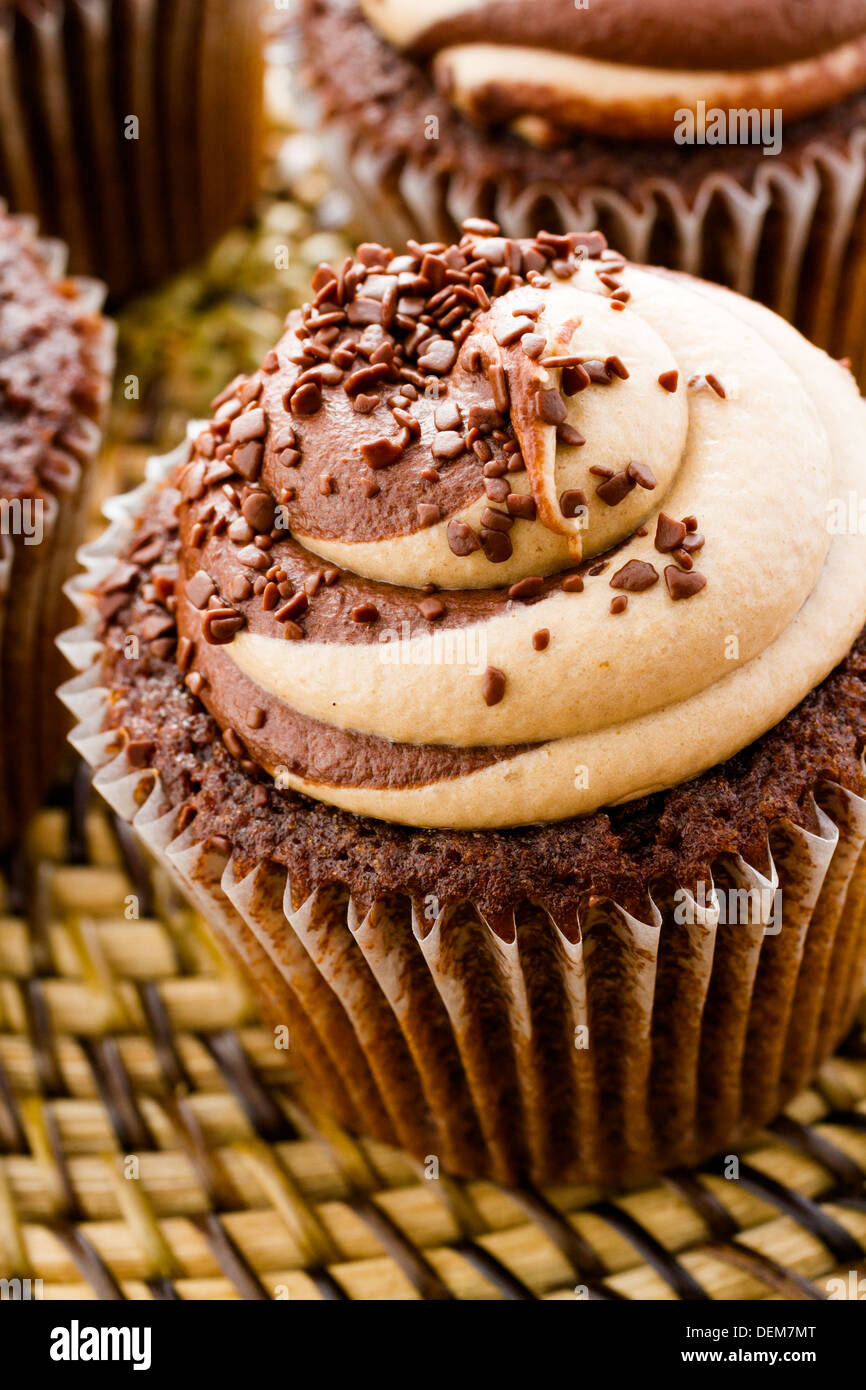 Gourmet chocolate caramel swirl cupcake with chocolate sprikles Stock