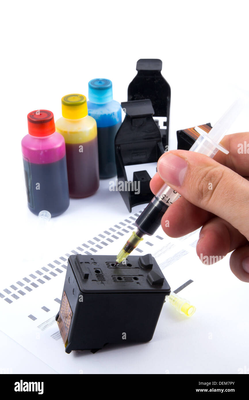 Injecting ink cartridge. Set of refill inkjet for print. Stock Photo