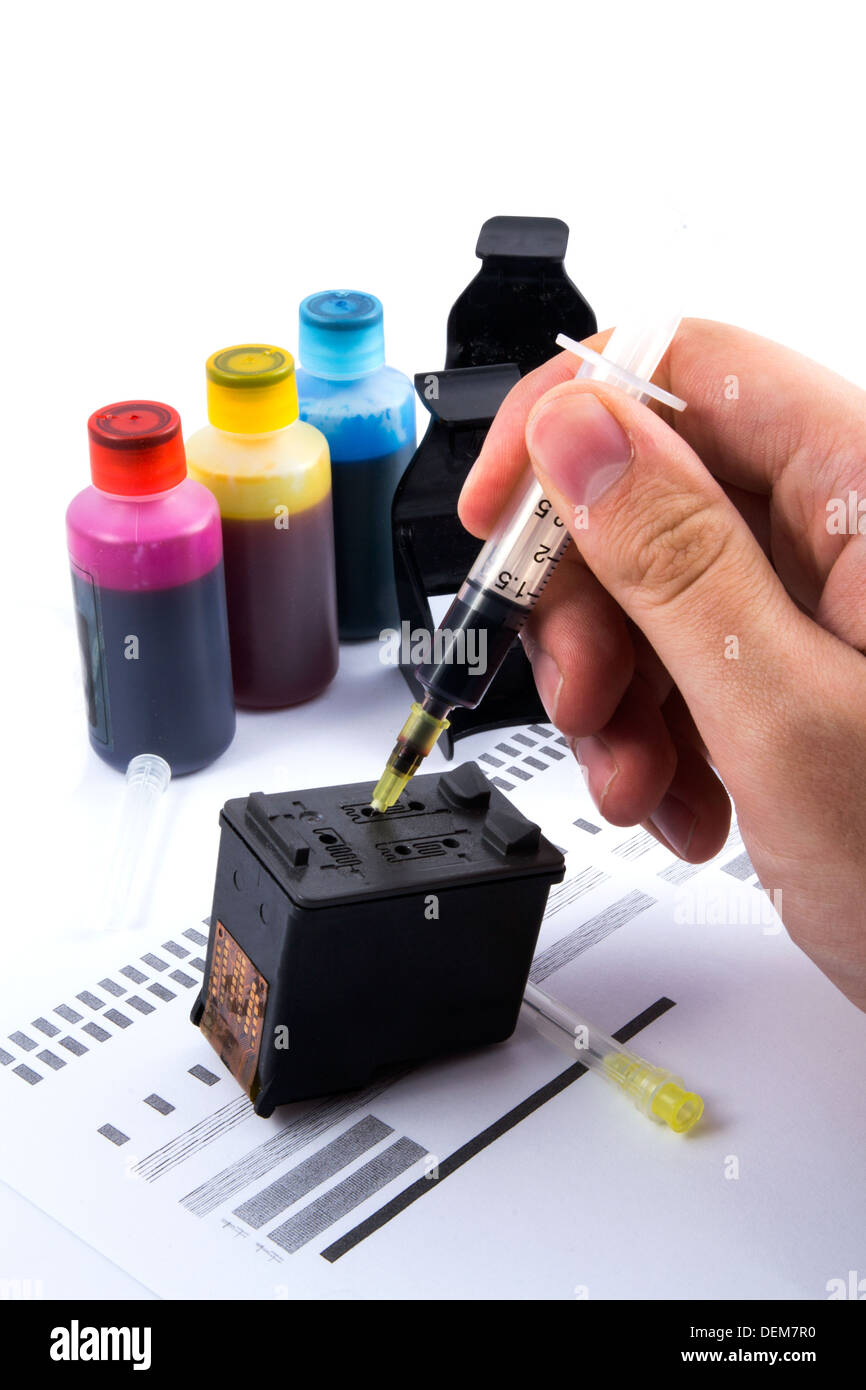 Injecting ink cartridge. Set of refill inkjet for print Stock Photo - Alamy